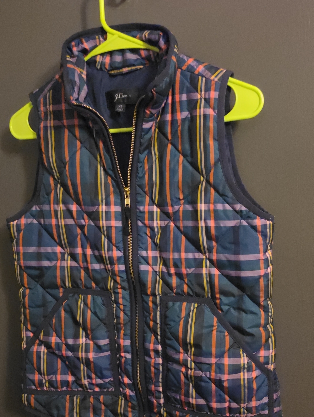 J. Crew Navy Quilted Plaid Puffer Vest with Pink & Orange Stripes
